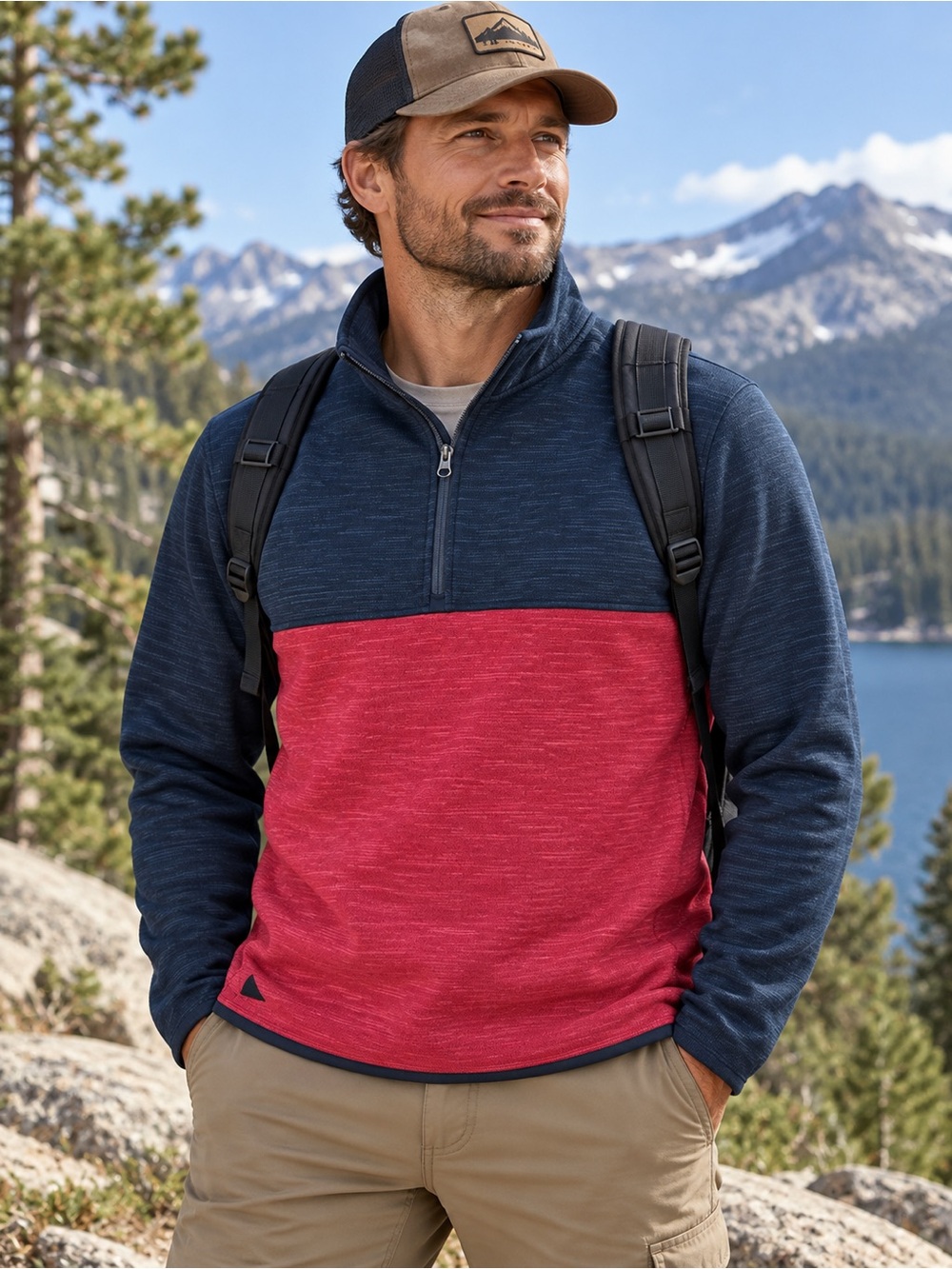 UNTUCKit Neyers Men’s XL Quarter Zip Pullover Navy Red Colorblock